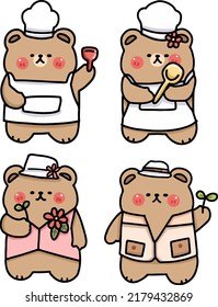 set cartoon character cute bear, chef and camping concept, flat and doodle illustration