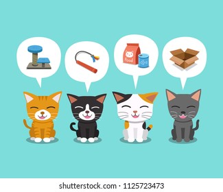 Set of cartoon character cute cats and speech bubbles with accessories for design.