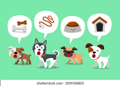 Set of cartoon character cute dogs and speech bubbles with accessories for design.