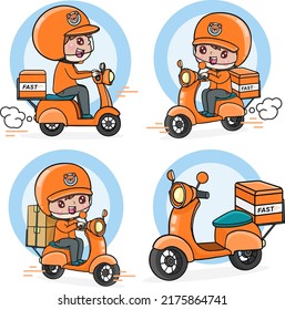 set cartoon character delivery man ride motorcycle, shipping fast express flat illustration vector design