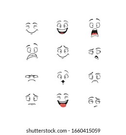 Set of cartoon character demonstrating different emotions isolated on white background. Collection of doodle person face showing various expression vector graphic illustration