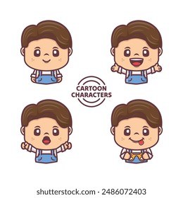 set cartoon character designs with different poses and expressions. vector illustration in outline style