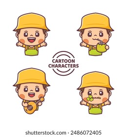 set cartoon character designs with different poses and expressions. vector illustration in outline style