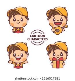 Conjunto de diseños de personajes de dibujos animados con diferentes poses y expresiones. Ilustraciones vectoriales en estilo de esquema