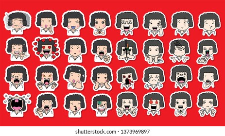 Set of cartoon character different facial expressions. boy face emotions vector sticker icons isolated on red background