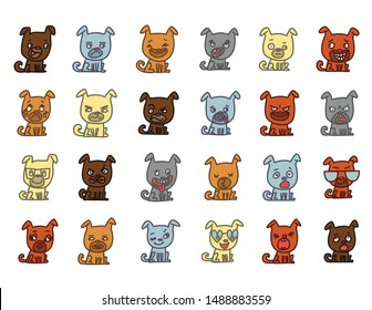 Set of cartoon character dogs with various face expressions. Vector illustration on white background