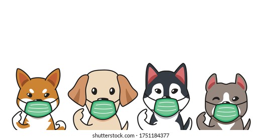 Set of cartoon character dogs wearing protective face masks for design.