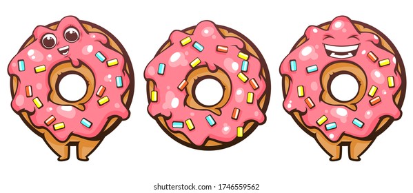 Set of cartoon character donut, sweet and cute donuts isolated on white background, vector illustration