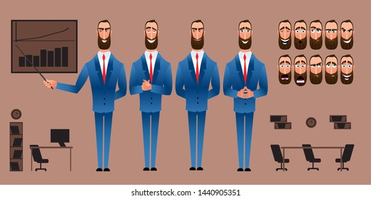 Set of Cartoon character expressions. Emotional face. Variants of emotions. Flat style vector illustration isolated on office background. Businessman presents an idea.