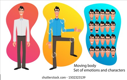 Set of Cartoon character expressions. Emotional face. Variants of emotions. Flat style vector illustration isolated on abstract background. Businessman presents an idea. Moving body for animation.