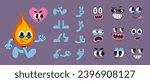 Set of cartoon character faces, legs, hands in different emotions, pose and gestures. 70s groovy comic elements, cute retro hippie mascots. Trendy modern vector illustration, hand drawn, flat design