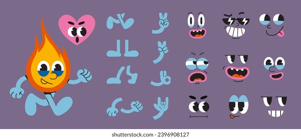 Set of cartoon character faces, legs, hands in different emotions, pose and gestures. 70s groovy comic elements, cute retro hippie mascots. Trendy modern vector illustration, hand drawn, flat design