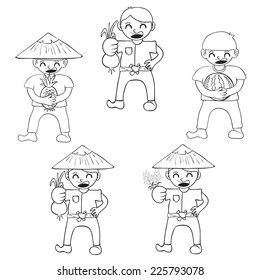 Set cartoon character farmers with a crop of vegetables and fruit, Vector illustration