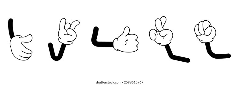 Set of cartoon character hand icon collection. Hands with gloves, various poses for characters hand symbol. Vector illustration.