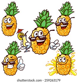 Set cartoon character - Happy pineapple in sun glasses. Vector clip-art illustration on a white background.