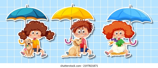 Set of cartoon character holding umbrella illustration