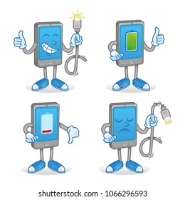 Set cartoon character icon smartphone with different battery charge full and low energy accumulator. Gadget keep different usb cord for charging battery good work and not work broken without connect.
