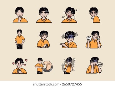 Um conjunto de ilustrações de personagens de desenhos animados com um jovem em várias expressões emocionais e cenários da vida diária. Cada pose captura um humor diferente — como felicidade, amor, nervosismo, surp