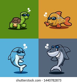 a set cartoon character image of ocean animal. Their are using swimming glass. 