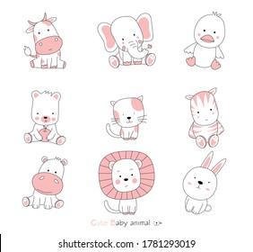 Set cartoon character the lovely baby animals on white background. . Hand drawn style.