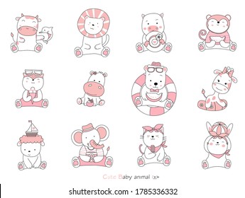 Set cartoon character the lovely baby animals on white background. Hand-drawn style.