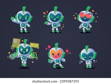 set of cartoon character minimal eco clean modern white green robots mascot