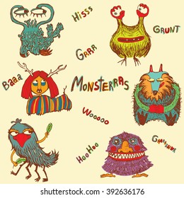 Set of Cartoon Character Monsters. Hand-Drawing.