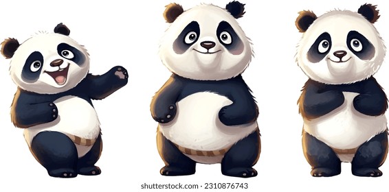 Juego de caricaturas, oso Panda en diferentes ángulos, ilustración vectorial.