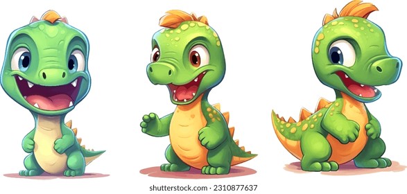 Set of cartoon character, Panda dinosaur in different angles, Vector illustration.