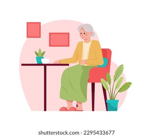 Set of cartoon character of senior woman drinking tea alone. Spending time at home. Concept of retirement. Happy old age. Recreation time for seniors. Vector