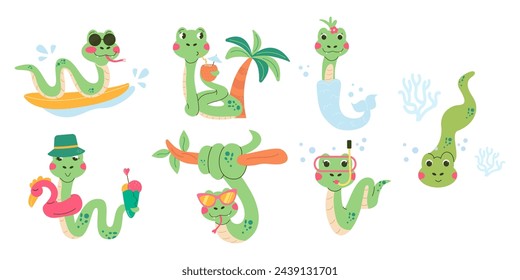 Conjunto de dibujos animados de la serpiente de verano dibujado a mano