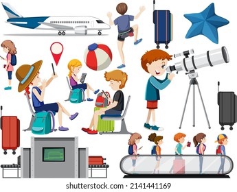 Set of cartoon character with travel object illustration