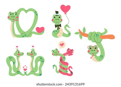 Set cartoon character Valentines day snake hand drawn