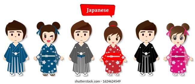  Set of cartoon character, Vector The Girls and Boy in traditional Japanese costume. kimono, illustration.