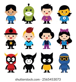 A set of cartoon character vector illustration, flat character, flat design, art, children, girl, kids, superhero, comic