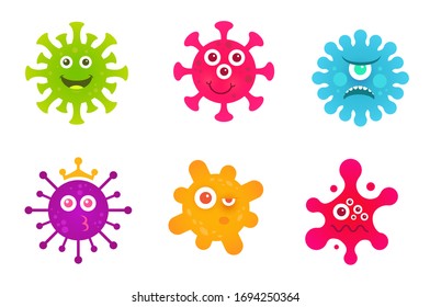 Set of cartoon character virus or bacteria isolated on white background. Collection colorful funny covid-19 or coronavirus concept. Vector illustration.