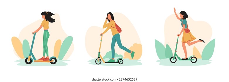 Juego de personajes de dibujos animados de mujeres jóvenes activas usando scooter. No hay gases tóxicos en la ciudad. Personas que utilizan el transporte ecológico. Proceso de conducción de vehículos eléctricos modernos. Vector