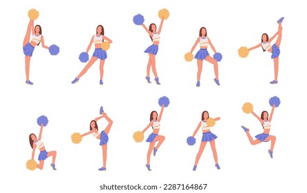 Set of cartoon character of young cheerleader in action. Sports fan uniform. Active and healthy lifestyle. Support performance to motivate sports teams. Vector