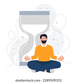 Set of cartoon character of young man sitting in lotus pose and planning his time. Showing good productivity performance. Efficiency in business and career goals achievement. Vector