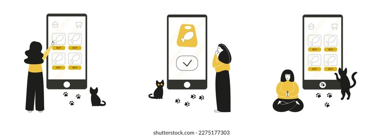 Set of cartoon character of young woman purchasing food via Internet. Process of lady ordering groceries for cat online via mobile app from pet store. Vector