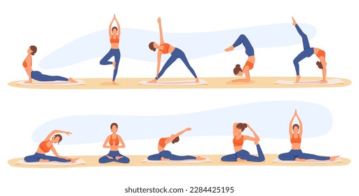 Set of cartoon character of young woman in sportswear doing stretching exercises. Practicing yoga alone. Physical activity and healthy lifestyle. Time for training indoor. Vector