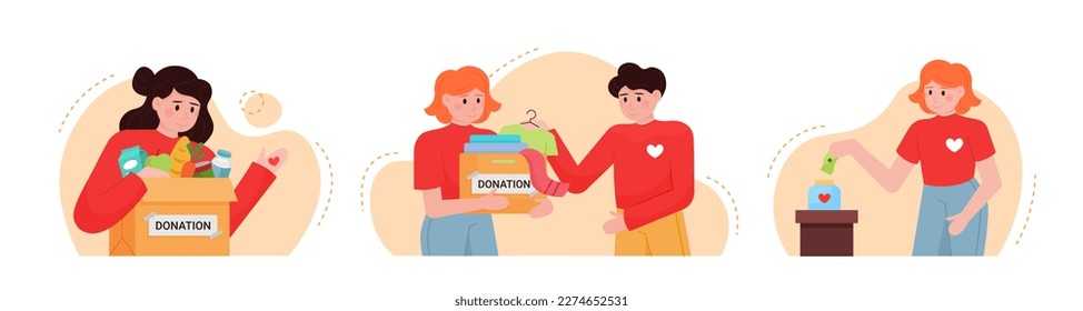 Conjunto de personajes de dibujos animados de jóvenes activos haciendo trabajo de caridad. Hombre y mujer ayudando a otras personas con ayuda humanitaria. Donaciones de apoyo comunitario. Vector