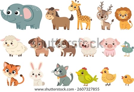 Set of cartoon characters of  animals, Jungle Cute animals safari wild mammals. Funny exotic mammal , Vector illustration