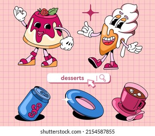 A set of cartoon characters with attributes of food and drinks on a pale pink background with a pattern. Appetising ice cream and panna cotta in retro style for your banners, menus, postcards.