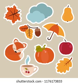 Set of cartoon characters and autumn elements