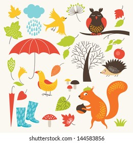 set of cartoon characters and autumn elements