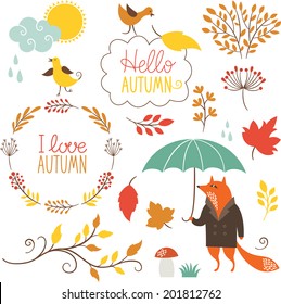 set of cartoon characters and autumn elements 