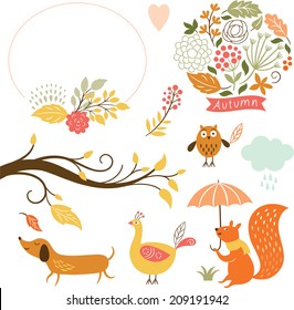 set of cartoon characters and autumn elements 