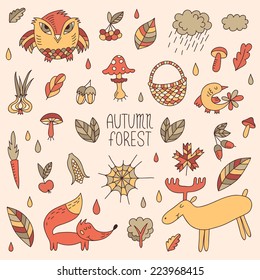 Set of cartoon characters and autumn elements. Vector illustration