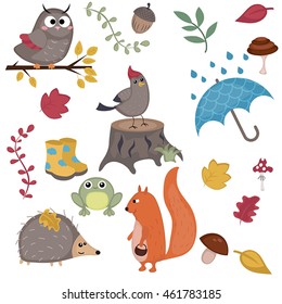 Set of cartoon characters and autumn elements